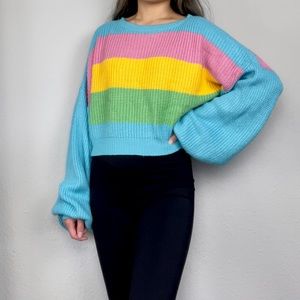Bright Turquoise Color-Block Knit Balloon-Sleeve Sweater | Awoo